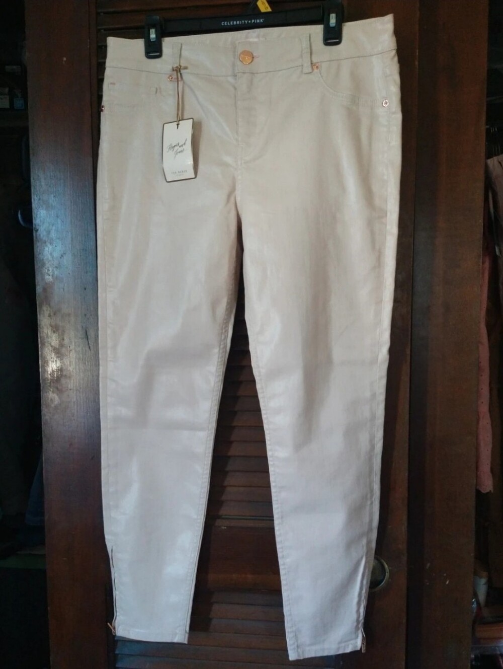 Ted Baker Baby Pink Skinny Jeans Coated Size 32 Rose Gold Button